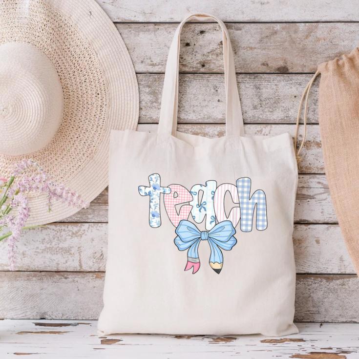 Teach Teacher Coquette Bow Pencil Back To School First Day Canvas Tote Bag, gift for family, gift for coworker Teach Teacher Coquette Bow Pencil Back To School First Day Canvas Tote Bag, gift for family, gift for coworker