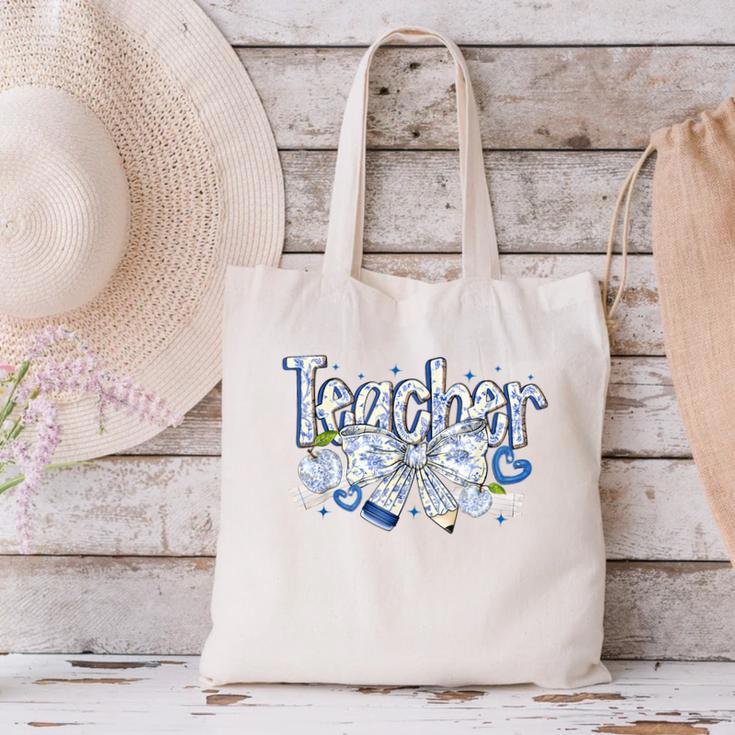 Teacher Blue Chinoiserie Coquette Bow Heart Teacher Life Canvas Tote Bag, gift for family, gift for coworker