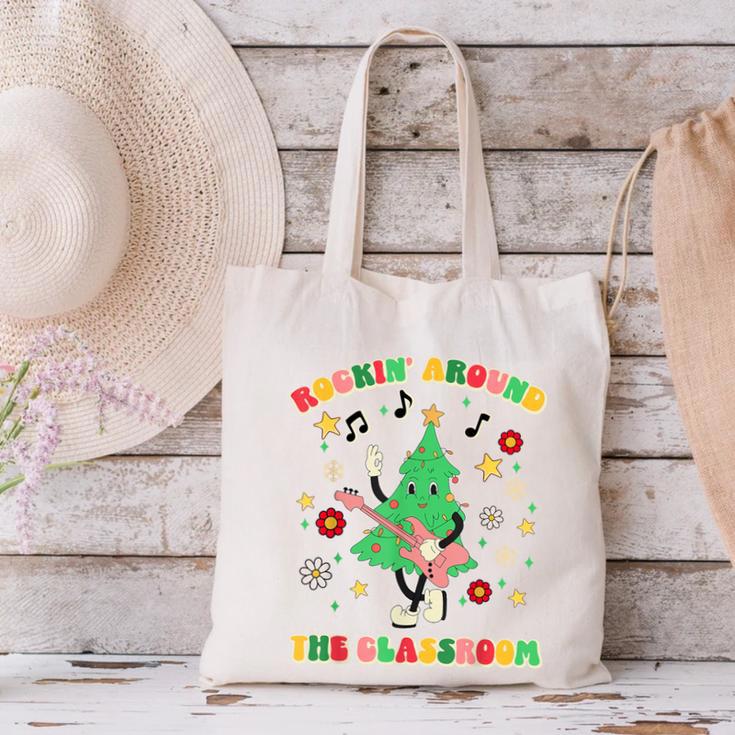 Teacher Christmas Shirts Pajama Matching Rockin' Around The Classroom -Adult Short Sleeve Small Modern Festive Christmas Teacher Xmas Vibes T-Shirt Canvas Tote Bag, gift for family, gift for coworker