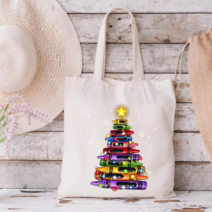 Teacher Crayon Christmas Tree Lights Student School Xmas Canvas Tote Bag, gift for family, gift for coworker Teacher Crayon Christmas Tree Lights Student School Xmas Canvas Tote Bag, gift for family, gift for coworker