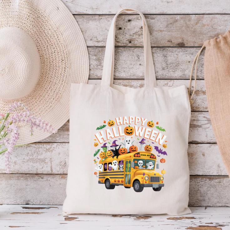Teacher Halloween School Bus Driver Cute Ghost Witch Party Canvas Tote Bag, gift for family, gift for coworker