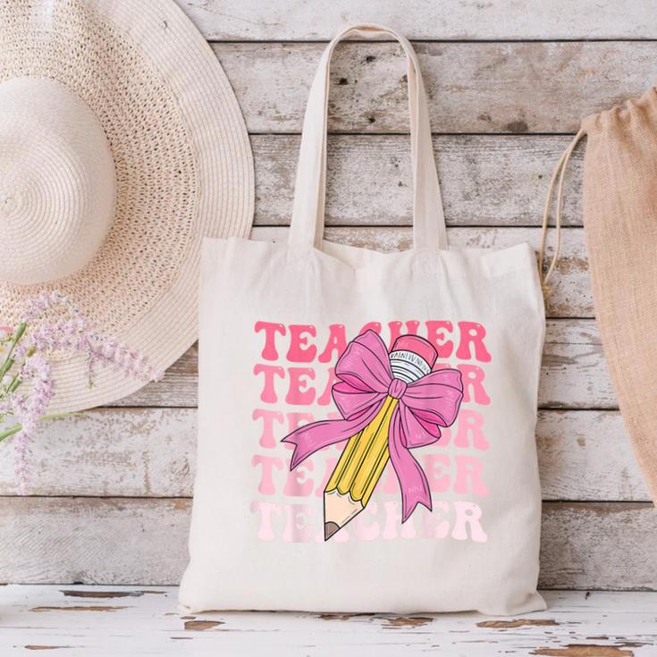 Teacher Pencil Back To School Groovy Pink Teacher First Day Canvas Tote Bag, Groovy Teacher Tote Bags, gift for family, gift for coworker