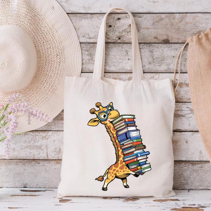 Teacher Shirt Giraffe Holding Books Bookworm Librarian Canvas Tote Bag, gift for family, gift for coworker