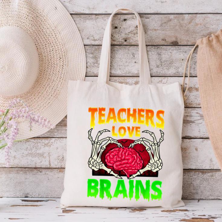 Teacher Teachers Love Brains Skeleton Hand Heart Halloween Canvas Tote Bag, gift for family, gift for coworker