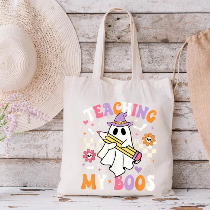 Teaching My Boos Ghost Teacher Cute Groovy Halloween Teacher Canvas Tote Bag, Groovy Teacher Tote Bags, gift for family, gift for coworker