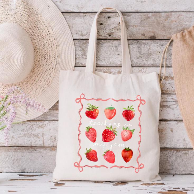 Teaching Is My Jam Strawberry Kinder Team Teacher Canvas Tote Bag, gift for family, gift for coworker