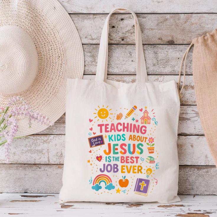 Teaching Kids About Jesus Is The Best Job Ever Bible Teacher Canvas Tote Bag, gift for family, gift for coworker Teaching Kids About Jesus Is The Best Job Ever Bible Teacher Canvas Tote Bag, gift for family, gift for coworker