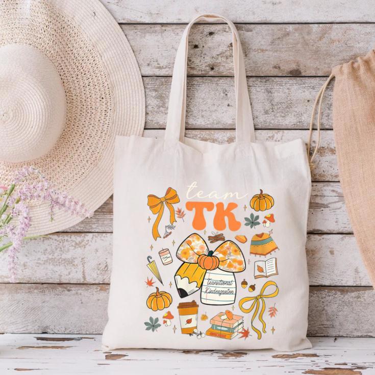 Team TK Crew Preppy Coquette Bow Pumpkin Fall TK Teacher Canvas Tote Bag, gift for family, gift for coworker Team TK Crew Preppy Coquette Bow Pumpkin Fall TK Teacher Canvas Tote Bag, gift for family, gift for coworker