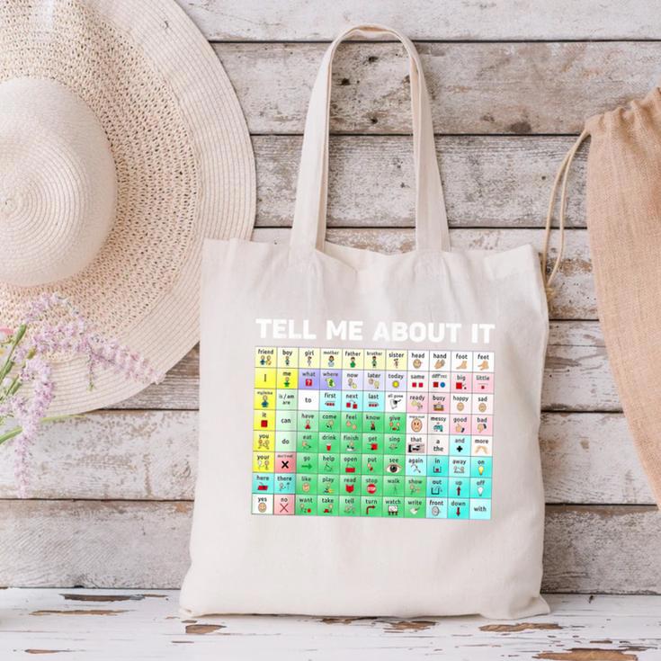 Tell Me About It Speech Language Pathology AAC Sped Teacher Canvas Tote Bag, gift for family, gift for coworker Tell Me About It Speech Language Pathology AAC Sped Teacher Canvas Tote Bag, gift for family, gift for coworker