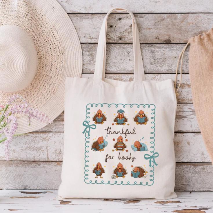 Thankful For Books Turkey Reading Book Lovers Fall Teacher Canvas Tote Bag, gift for family, gift for coworker