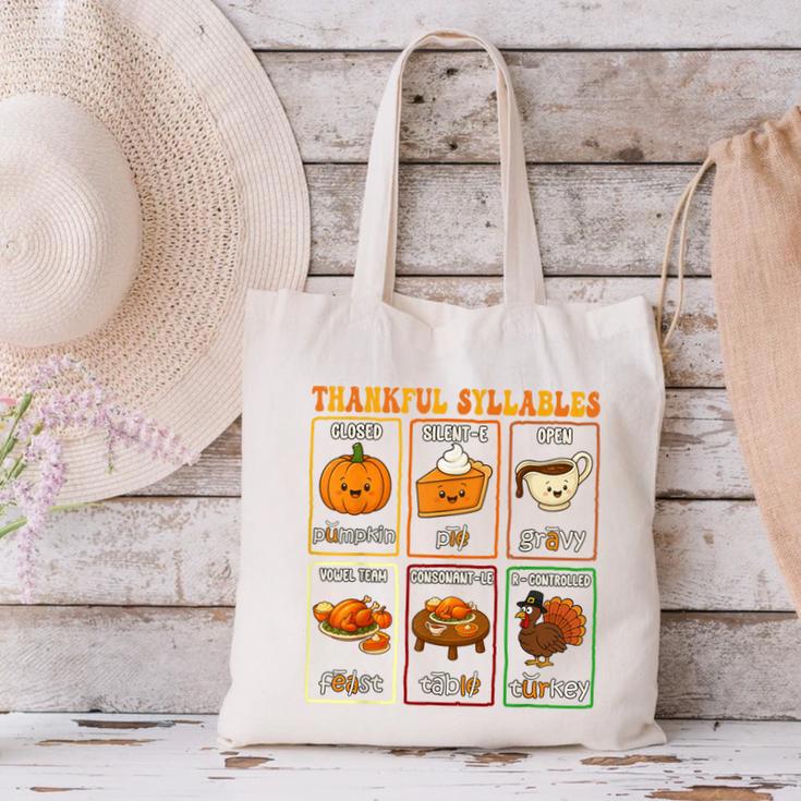 Thankful Syllables Thanksgiving Phonics Reading Teacher Fall Canvas Tote Bag, gift for family, gift for coworker Thankful Syllables Thanksgiving Phonics Reading Teacher Fall Canvas Tote Bag, gift for family, gift for coworker