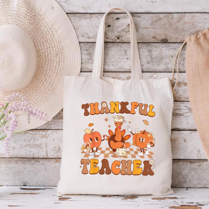 Thankful Teacher Retro Groovy Thanksgiving Fall Women Men Canvas Tote Bag, Groovy Teacher Tote Bags, gift for family, gift for coworker