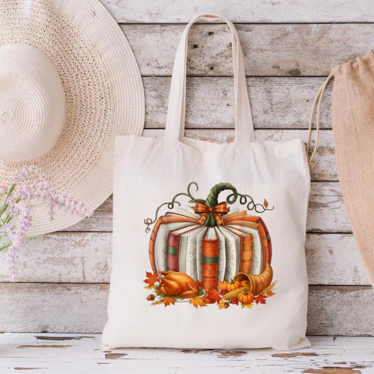 Thanksgiving Book Pumpkin Reading Teachers Fall Lovers Boys Canvas Tote Bag, gift for family, gift for coworker