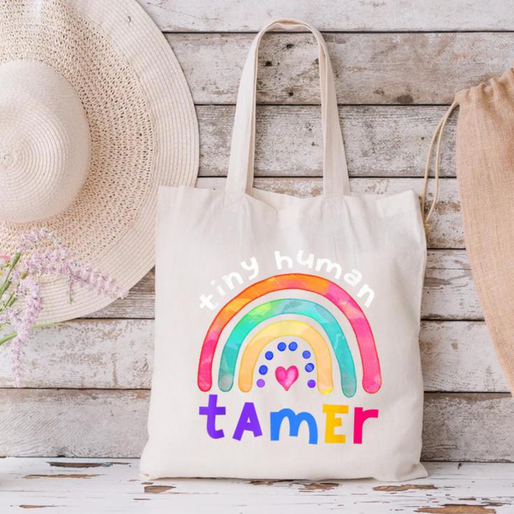 Tiny Human Tamer Watercolor Rainbow Daycare Teacher Canvas Tote Bag, gift for family, gift for coworker Tiny Human Tamer Watercolor Rainbow Daycare Teacher Canvas Tote Bag, gift for family, gift for coworker