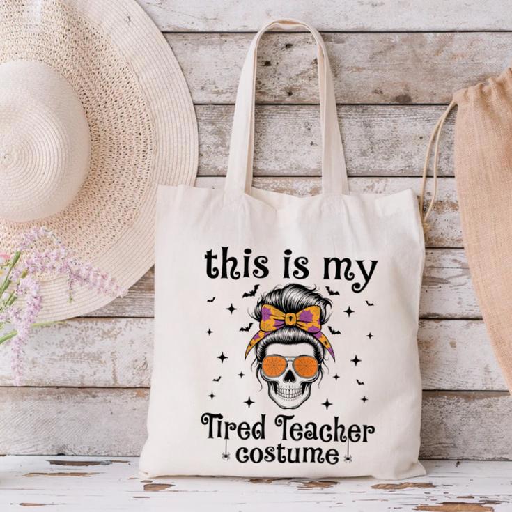This Is My Tired Teacher Costume Skull Halloween Messy Bun Canvas Tote Bag, gift for family, gift for coworker