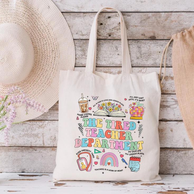The Tired Teachers Department Retro Groovy Back To School Canvas Tote Bag, gift for family, gift for coworker The Tired Teachers Department Retro Groovy Back To School Canvas Tote Bag, gift for family, gift for coworker