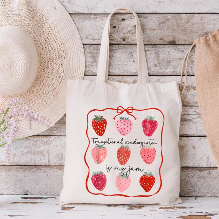 Transitional Kindergarten Is My Jam Strawberry TK Teacher Canvas Tote Bag, gift for family, gift for coworker Transitional Kindergarten Is My Jam Strawberry TK Teacher Canvas Tote Bag, gift for family, gift for coworker