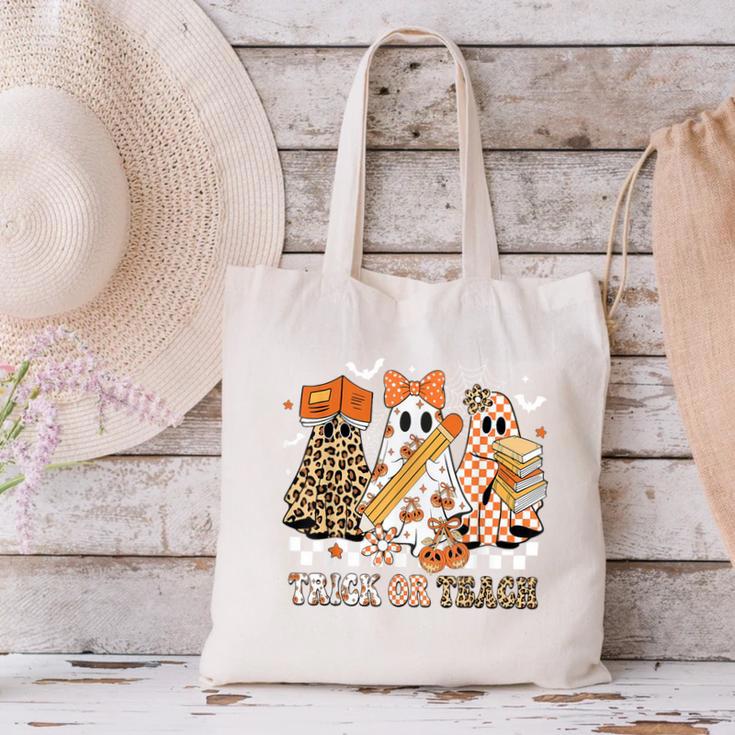 Trick Or Teach Groovy Teacher Halloween Floral Ghost Canvas Tote Bag, Groovy Teacher Tote Bags, gift for family, gift for coworker