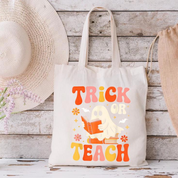 Trick Or Teach Halloween Shirt For Teacher Kids Floral Ghost Canvas Tote Bag, gift for family, gift for coworker