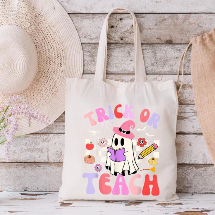 Trick Or Teach Halloween Teacher Floral Ghost Groovy Canvas Tote Bag, Groovy Teacher Tote Bags, gift for family, gift for coworker