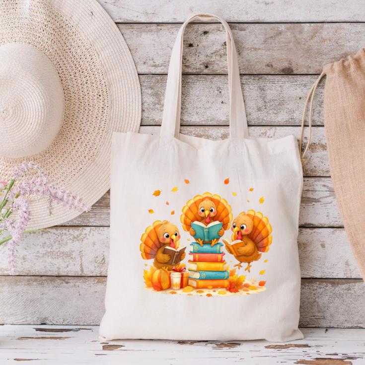 Turkey Read Books Reading Fall Thanksgiving Teacher Canvas Tote Bag, gift for family, gift for coworker