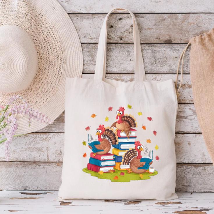 Turkey Reading Books Fall Season Thanksgiving Teacher Book Canvas Tote Bag, gift for family, gift for coworker Turkey Reading Books Fall Season Thanksgiving Teacher Book Canvas Tote Bag, gift for family, gift for coworker