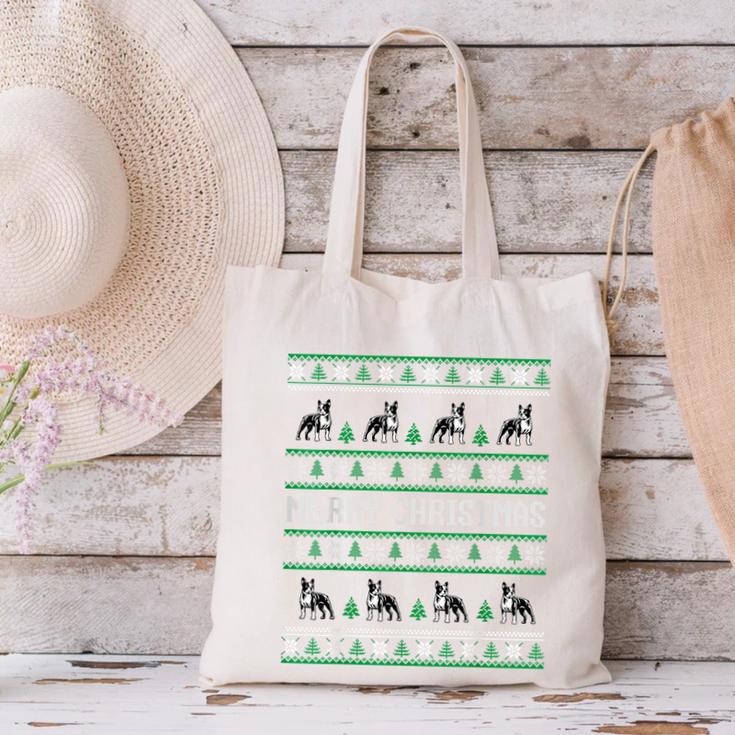 Ugly Sweater Boston Terrier Dog Christmas Dog Lover Xmas Men Women Kids Canvas Tote Bag, Boston Terrier Christmas Tote Bags, gift for family, gift for coworker