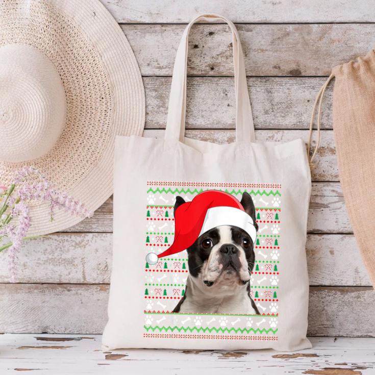 Ugly Xmas Sweater Santa Boston Terrier Dog Christmas For Men Women Kids Canvas Tote Bag, Boston Terrier Christmas Tote Bags, gift for family, gift for coworker