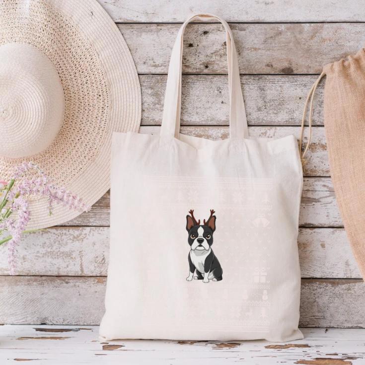 Ugly Xmas Sweater Style Boston Terrier Reindeer Christmas Canvas Tote Bag, Boston Terrier Christmas Tote Bags, gift for family, gift for coworker