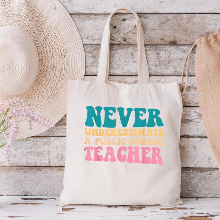 Never Underestimate A Public School Teacher Groovy Women Canvas Tote Bag, Groovy Teacher Tote Bags, gift for family, gift for coworker
