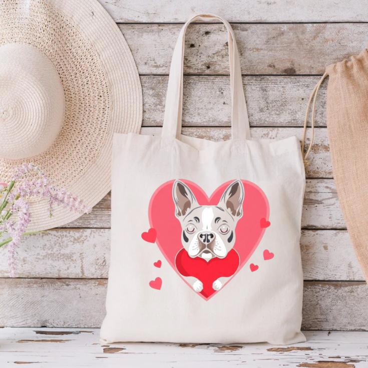 Valentine's Day Boston Terrier Heart Canvas Tote Bag, gift for family, gift for coworker
