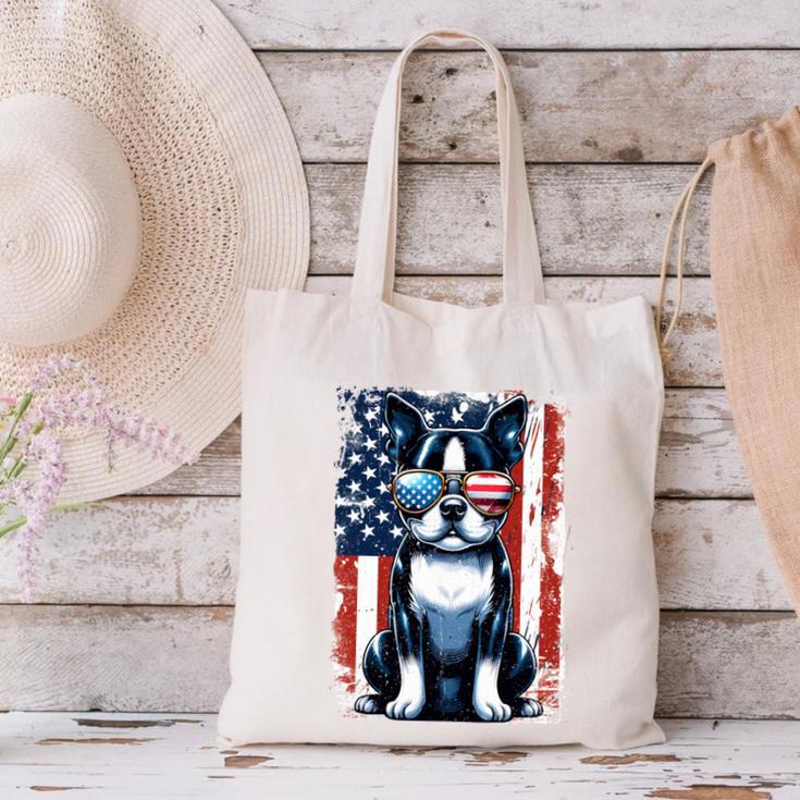 Vintage Boston Terrier Dog American US USA Flag Pets Dogs Canvas Tote Bag, American Boston Terrier Tote Bags, gift for family, gift for coworker