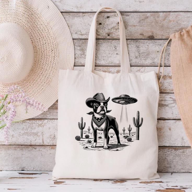 Vintage Boston Terrier UFO Western Wild West Dog Mom Dad Canvas Tote Bag, Boston Terrier Mom Tote Bags, Boston Terrier Dad Tote Bags, gift for family, gift for coworker