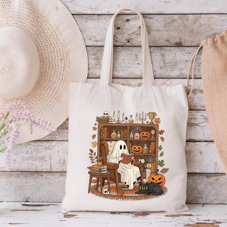 Vintage Ghost Book Reading Pumpkin Gothic Halloween Teachers Canvas Tote Bag, gift for family, gift for coworker Vintage Ghost Book Reading Pumpkin Gothic Halloween Teachers Canvas Tote Bag, gift for family, gift for coworker