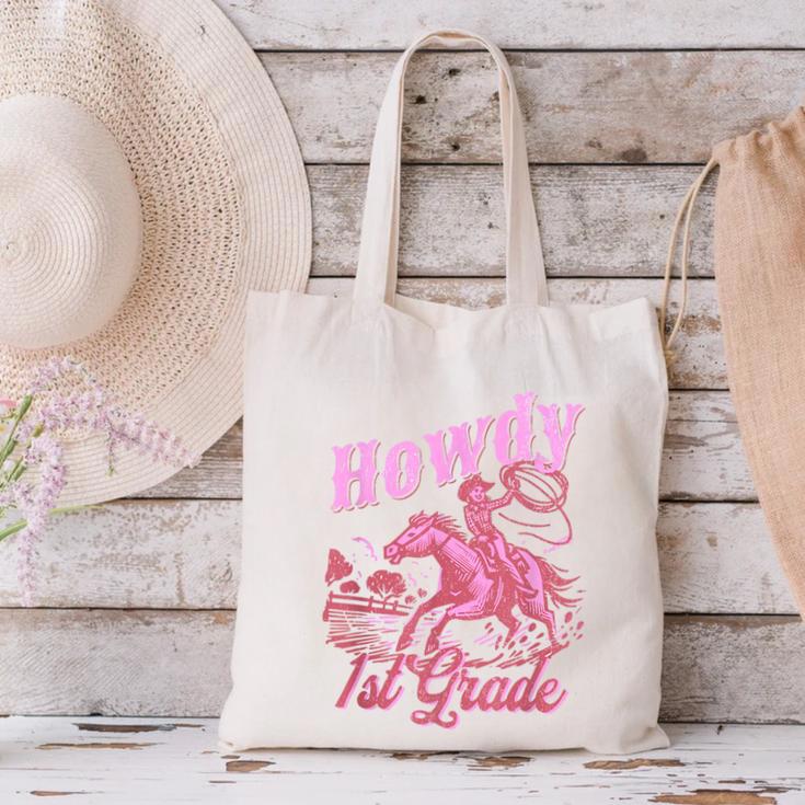 Vintage Howdy First Grade Cowgirl Teacher Western School Canvas Tote Bag, First Grade Teacher Tote Bags, gift for family, gift for coworker