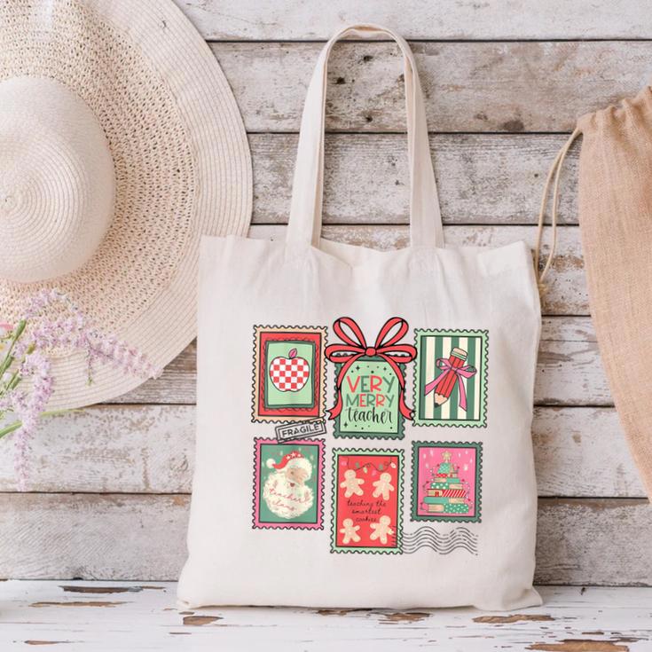 Vintage Preppy Very Merry Teacher Santa Stamps Christmas Canvas Tote Bag, gift for family, gift for coworker