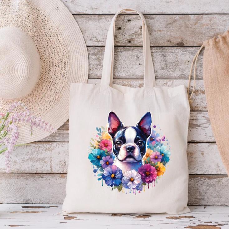 Watercolor Floral Boston Terrier Mama Dog Lover Mother's Day Canvas Tote Bag, gift for family, gift for coworker