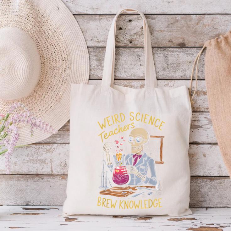 Weird Science Skeleton Halloween Teachers Brew Knowledge Canvas Tote Bag, Science Teacher Tote Bags, gift for family, gift for coworker