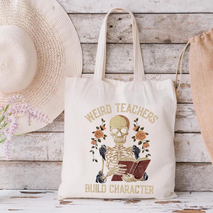 Weird Teachers Build Character Skeleton Book Halloween Women Canvas Tote Bag, gift for family, gift for coworker Weird Teachers Build Character Skeleton Book Halloween Women Canvas Tote Bag, gift for family, gift for coworker