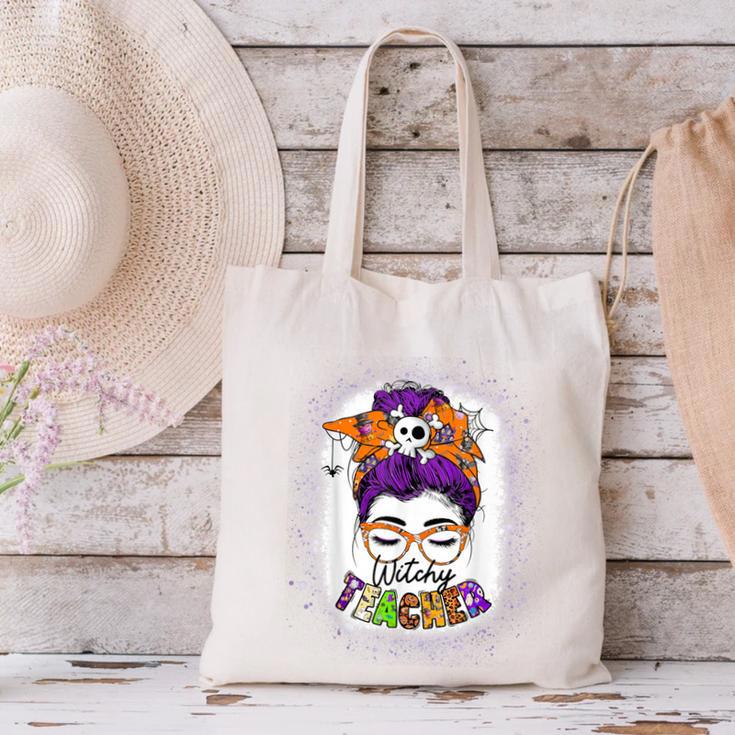 Witchy Teacher Halloween Messy Bun Teacher Bleached Canvas Tote Bag, gift for family, gift for coworker Witchy Teacher Halloween Messy Bun Teacher Bleached Canvas Tote Bag, gift for family, gift for coworker