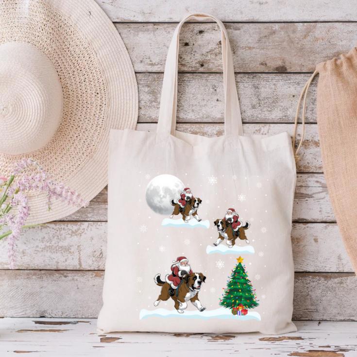 Xmas Lighting Tree Santa Riding Boston Terrier Christmas Canvas Tote Bag, Boston Terrier Riding Tote Bags, Boston Terrier Christmas Tote Bags, gift for family, gift for coworker