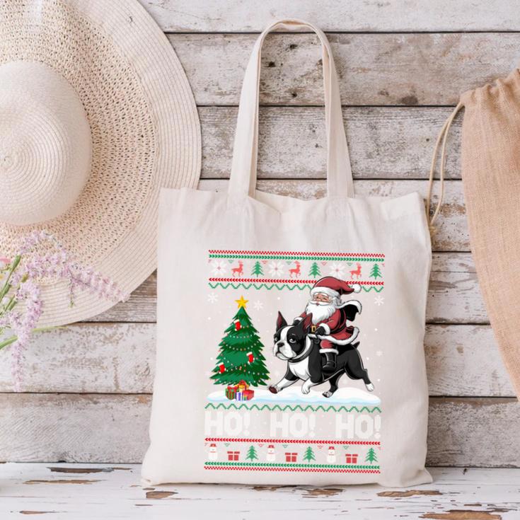 Xmas Tree Lighting Santa Riding Boston Terrier Christmas Canvas Tote Bag, Boston Terrier Riding Tote Bags, Boston Terrier Christmas Tote Bags, gift for family, gift for coworker