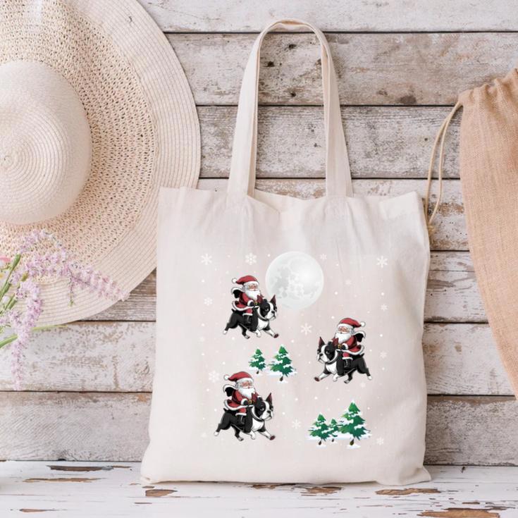 Xmas Tree Santa Riding Boston Terrier Christmas Canvas Tote Bag, Boston Terrier Riding Tote Bags, Boston Terrier Christmas Tote Bags, gift for family, gift for coworker
