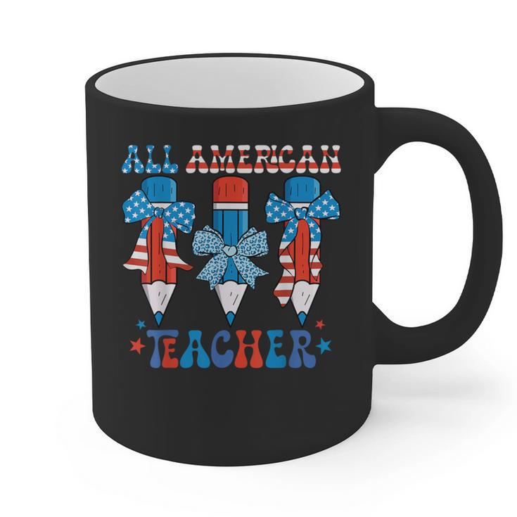 All American Teacher Pencil Coquette Bow USA Flag Teachers Graphic Print Coffee Mug