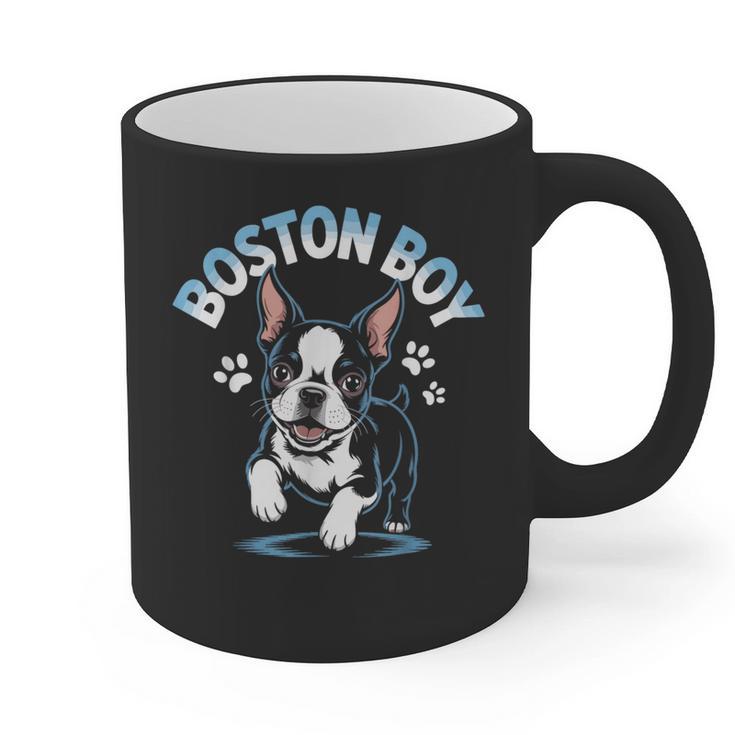 Boston Terrier Boy Cute Cartoon Dog Owner Pet Boston Terrier Graphic Print Coffee Mug
