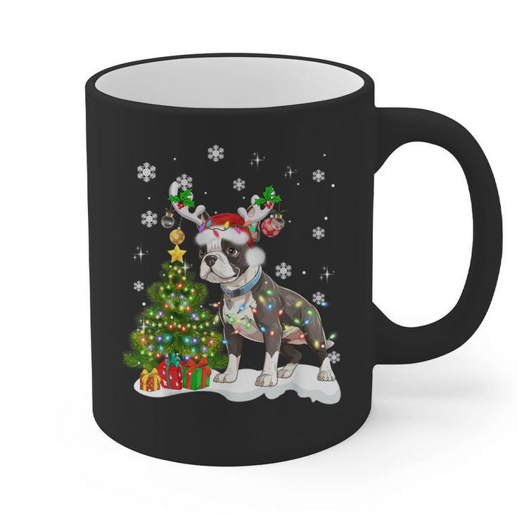 Boston Terrier Christmas Tree Lights Santa Hat Graphic Print Coffee Mug