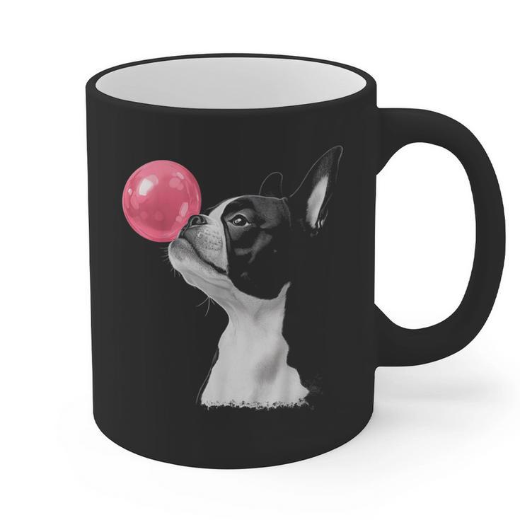 Boston Terrier Dog Blowing Chewing Bubble Gum Pink Graphic Print Coffee Mug, trending gift