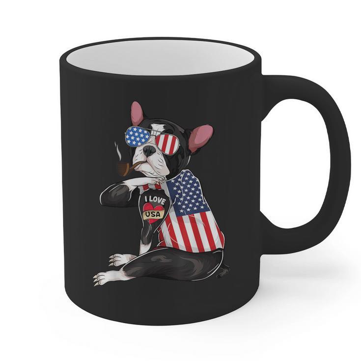 Boston Terrier Dog Merica 4th Of July Usa American Flag Men Graphic Print Coffee Mug, American Boston Terrier Gifts, Boston Terrier 4th Of July Gifts, trending gift