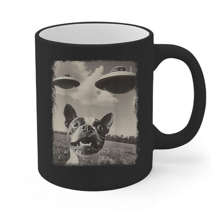 Boston Terrier Dog UFO Alien Extraterrestrial Selfie Graphic Print Coffee Mug
