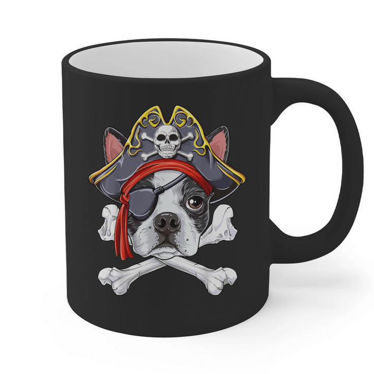 Boston Terrier Pirate T Shirt Jolly Roger Crossbones Skull Graphic Print Coffee Mug